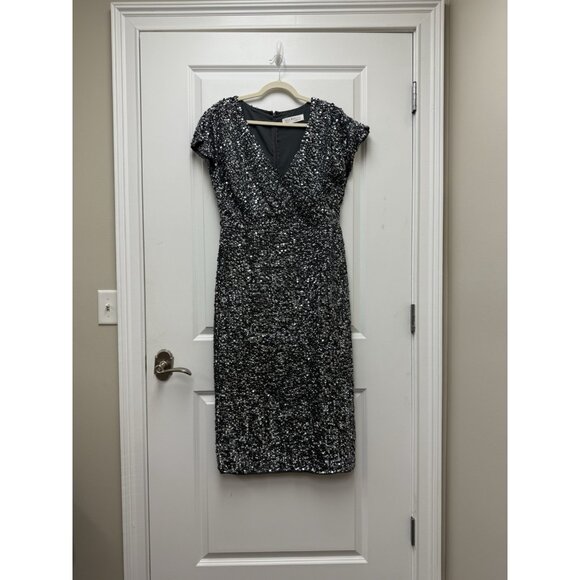 NWT Mac Duggal Size 12 Gray Sequined Cap Sleeve Wrap Over Cocktail Midi Dress - Picture 4 of 13